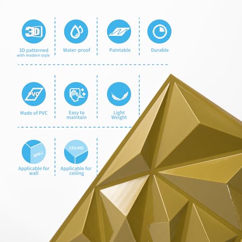 Art3d 33-Pack Modern Diamond Textured 3D Wall Panels, 12 x 12 in, Gold - color: Gold, size: 12x12 Inch 33 pcs