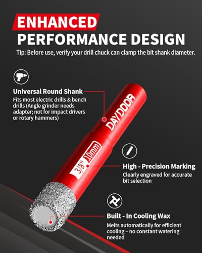 DAYDOOR Dry Diamond Drill Bits, 3/16" 1/4" 5/16" 3/8" 1/2" 5/8" Drill Bits - size: 3/16", 1/4", 5/16", 3/8", 1/2", 5/8"