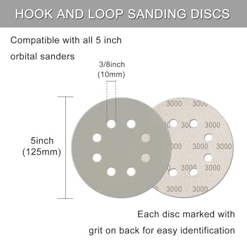100Pcs 5 Inch Sanding Discs Hook & Loop 8-Hole Wet Dry Sandpaper 3000 Grit - style: 100Pcs 3000 Grit