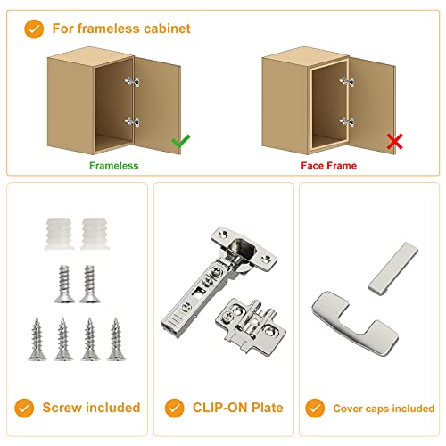 Chibery 10 Pack Frameless Full Overlay Soft Close Concealed European Hinges, Self Closing Satin Nickel, 105 ° Open Angle 4D Adjustment, Speed Control, Clip On, Stainless Steel for Cabinet Door - size: Full Overlay