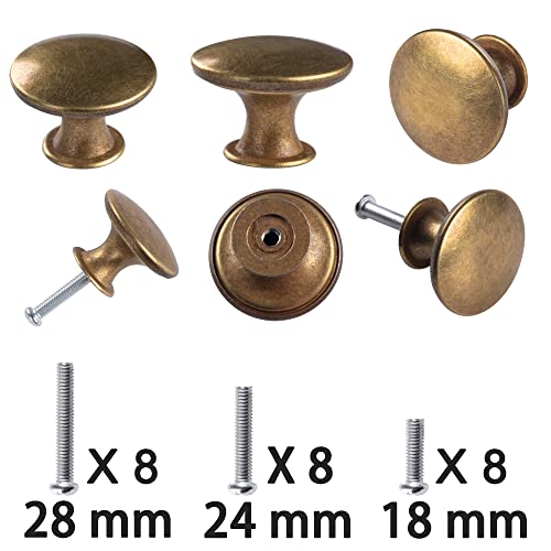 8 Pack Delicate Design Round Antique Brass Kitchen Cabinet Knobs Cupboard Door Knobs 1.18-INCH Yellow Bronze Drawer Handle Pulls Dresser Knobs with 8 Pcs Screws for Bathroom Drawer Door Hardware - color: Brass