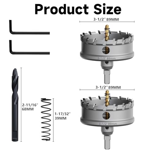 Metal Hole Saw 3-1/2''(89mm) 2Pcs Set Heavy Duty Tungsten Carbide Tipped Hole Cutters Set with a nitrided Step Drill and L-flench, for Steel Iron,Aluminum,Stainless stell,Plastic - size: 3-1/2''(89mm)-2PCS
