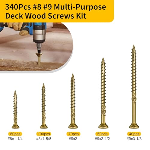 340Pcs Multi-Purpose Wood Deck Screw Kit,#8#9 Bugle Head for Interior and Exterior Use,Star Drive Torx Golden Coated with T15/T25 Bit - size: #8#9 Kit