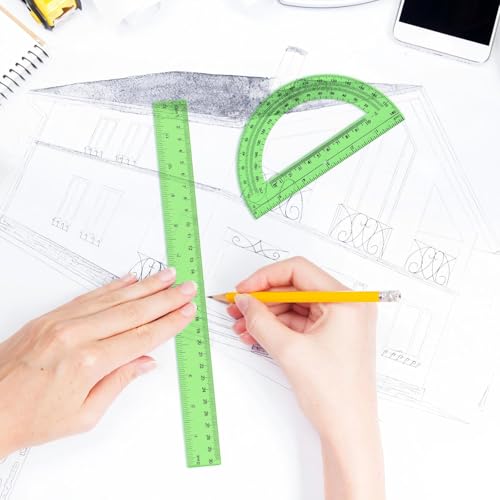Zonon 2 Pcs 12 Inch Clear Ruler and 6 Inch Plastic Protractor Set, Green - color: Green