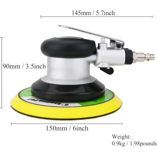 Random Orbital Air Sander 6" Pneumatic Palm Sander DA Sander, Low Vibration Noise Reduction, 12000 RPM, Hook & Loop, for Auto Body, Car Detailing, Wood, Metal Polishing & Buffing - size: 6 inch