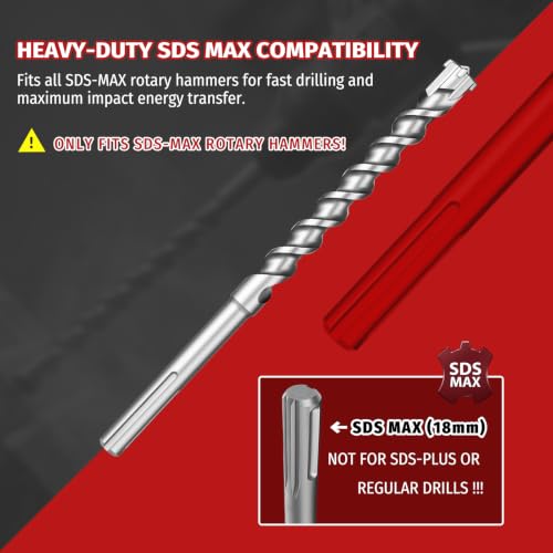 1-1/2" x 13" SDS Max Cross-Tip Rotary Hammer Drill Bit – Upgraded Heat-Treated Carbide Head, Extended Length 340mm for Longer Working Depth, Concrete Drill Bit for Masonry, Brick & Stone - size: 1-1/2" x 13"