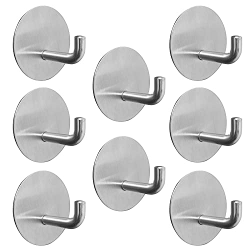 Silver Adhesive Hooks for Wall No Damage Heavy-Duty 15lb(Max) 8 Packs, Sticky Hangers for Hanging, Stainless Steel, Removable, Waterproof, Oilproof and Rustproof for Bathroom Kitchen Home - color: Silver