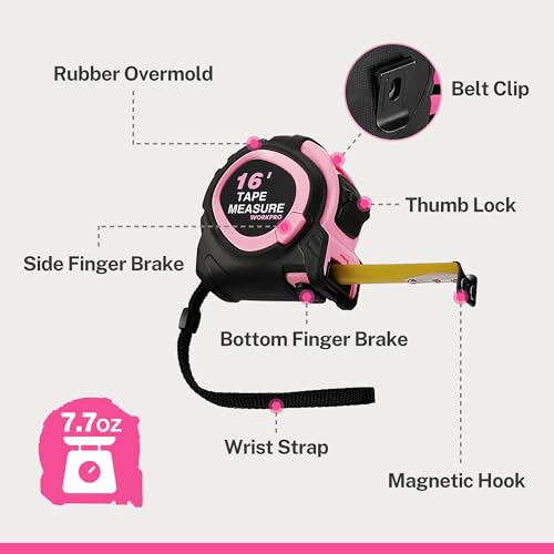 WORKPRO 16-FT Tape Measure with Fractions, 3 Brakes Retractable Measuring Tape, Compact Measurement Tape with Magnetic Hook, Nylon Coating Blade Accuracy 1/32”, Pink - size: 16-FT