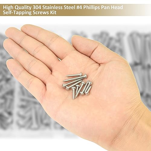 212 Pieces #4 x 3/8" 1/2" 5/8" 3/4" 1" Phillips Pan Head Self-Tapping Screws, Wood Screws Assortment Kit, 304 Stainless Steel - size: #4