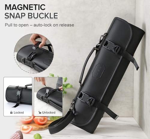 XINZUO 9-Slot Leather Chef Knife Roll Bag with Strap - color: All-black microfiber knife roll