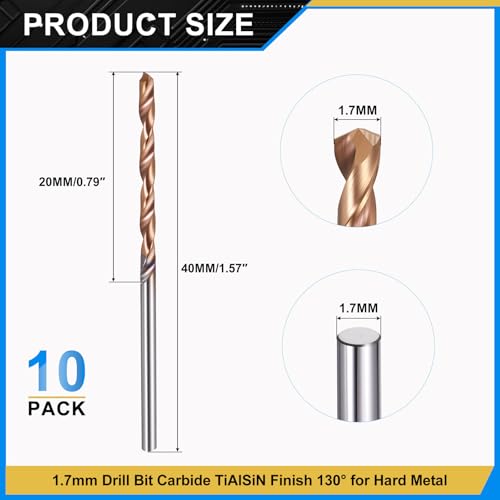 PATIKIL 1.7mm Drill Bit Carbide for Stainless Steel Hard Metal 130° 10 Pack - size: 1.7mm