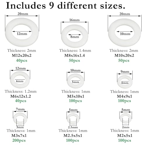 820PCS White Nylon Washers Assortment Kit, Nylon Flat Washers for Bolts, 9 Metric Sizes Rubber Washers for Screws -M2, M2.5, M3, M4, M5, M6, M8, M10, M12 - size: WHT M2-M12 (820PCS), style: Nylon Washer