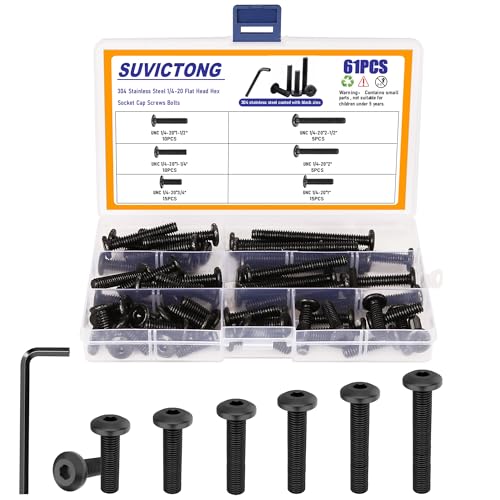 61Pcs 1/4-20 Flat Head Hex Socket Cap Screws Assortment Kit, 1/4-20 x 3/4” 1” 1-1/2” 1-1/4” 2-1/2” 2” Socket Cap Bolts,304 Stainless Steel, Full Thread, Black Oxide with Hex Spanner - size: M6.35