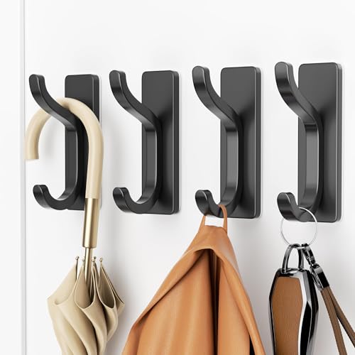 Adhesive Wall Hooks for Towel/Coat,13Lb Strong Stick-On Hooks, Black 4 Pack - color: Black, size: 4 Pack