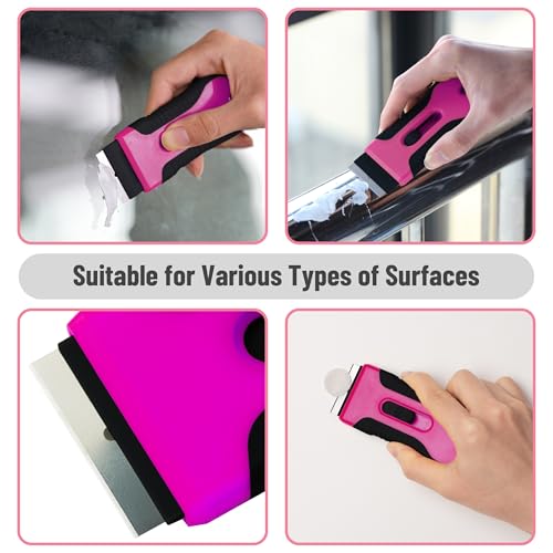 Bates- Razor Blade Scraper Tool, 2 Pack, 30 Extra Stainless Steel Blades, Anti-Slip Ergonomic Handle Design, Razor Scraper Set for Cleaning Window, Paint, Oven, Glass, Stove - color: Black & Pink