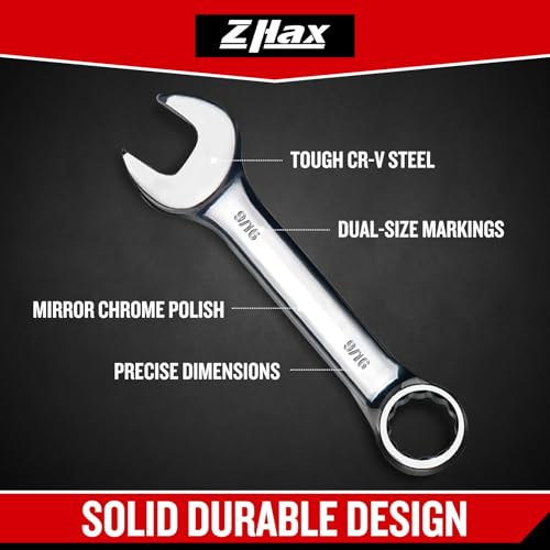 zhax 9/16" SAE Stubby Combination Wrench, 12 Point Box End, 15 Degree Offset Design, Mirror Polish Finish, Forged CR-V Steel, Hand Tools for Mechanics, Ideal for Auto and Home Repair - size: 9/16"