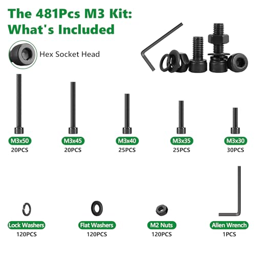 481PCS M3 Screw Assortment Kit, 12.9 Alloy Steel Hex Socket Cap Bolts - size: M3 481pcs 3