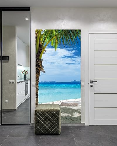 FLFK Door Mural Sticker - Beach and Palm Tree,Peel and Stick,Combined Size 32"x80",Split into 2 Pieces - color: Mt2219, size: 32"x80"