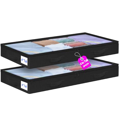 punemi 4" Tall Soft Low Profile Under Bed Storage Containers, 2 Pack, Black - color: Black, size: 2 Pack-4 inch Tall-Soft