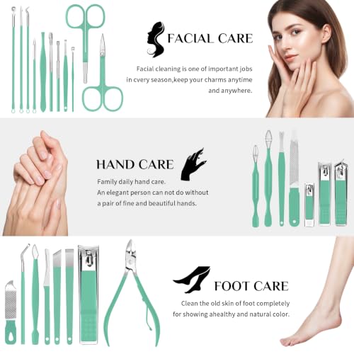 MINKINH 26-Piece Travel Manicure Set, Portable Nail Kit for Men and Women - color: Green