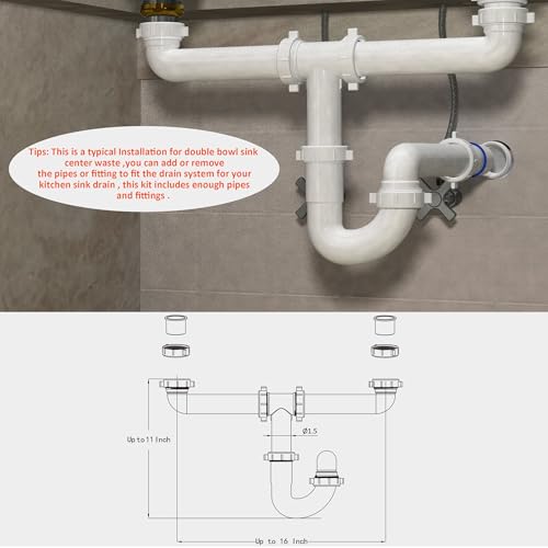 Kitchen Sink Drain Kit,1-1/2”,for Most Kitchen Sink Drain Repair Kit and Bathroom Sink Drain Kit, Kitchen Sink P Trap Drain Kit 1 1/2” for Sink Plumbing Kit, Completed Sink Pipe Replacement Kit