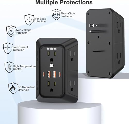 JcBlaon 3 Pack Outlet Extender Surge Protector, 6 Outlet Splitter with 4 USB Ports (2 USB C),1050J 3-Sided Multi Plug Wall Outlet, USB Wall Charger for Home Office Kitchen Travel（Black）-ETL - color: Black 3PCS