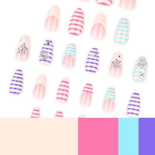 Mivota Soft Gel Press On Nails Medium Almond Colorful Stripe Design with 3D Star & Pearl, Reusable Glue On Fake Nails for Women, Cute Y2K Salon Manicure Set 24PCS - color: 3D-72 Red-Blue Stripes Star