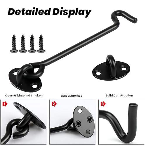2 Pack 6'' Door Latch Door Lock Hardware, 6'' Hook and Eye Gate Latch Easy Lock for Barn Door, Black Sliding Door Lock with Screws for Window, Cabin Hooks