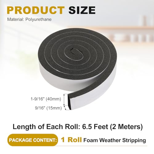 uxcell Weather Stripping Door Seal, 1-9/16" x 9/16" x 6.5 Ft Adhesive Foam Tape Seal Soundproof Insulation Strips for Door Frame Window Gaps (1 Roll, 6.5 Feet) - size: 1-9/16" x 9/16" (6.5 Ft)