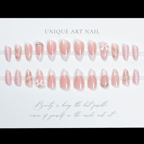 LPOODDNU Almond French Tip Press on Nails - Medium Pink Fake Nails with 3D Bow Diamond Glitter Designs, Glossy Finished Reusable False Nails with Glue Tabs - 24Pcs Nail Kit for Women Manicure - color: 3d bow french pink glitter