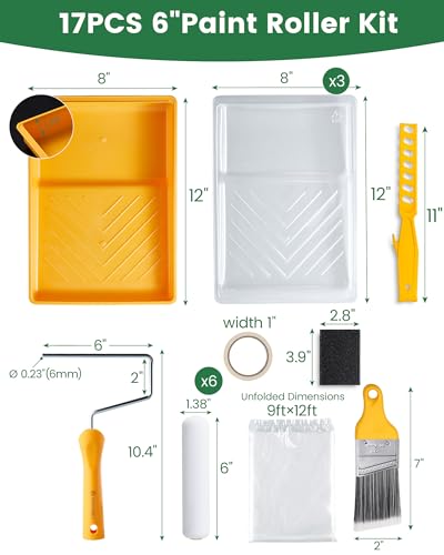 Voomey 17 Pcs 6 Inch Foam Paint Roller Kit with Angle Paint Brush,Paint Tray with Liners,Paint Kit for Painting Walls,Cabinet,Trim - style: 17pcs 6inch paint roller kit