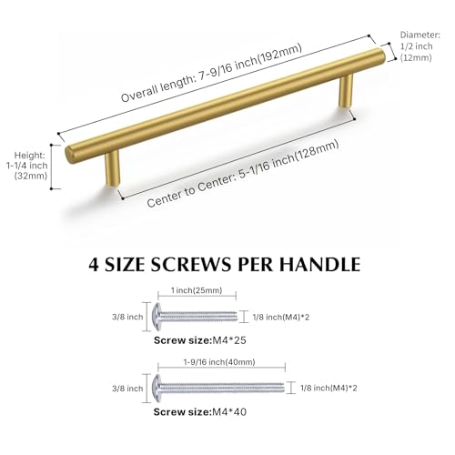 Haliwu 30 Pack 5in Gold Cabinet Handles for Kitchen Cabinet Handles | Stainless Steel, Gold Handles for Cabinets, Round T-Bar Shape, Brushed Gold Cabinet Pulls, Screws Included - size: 5-1/16 inch hole center