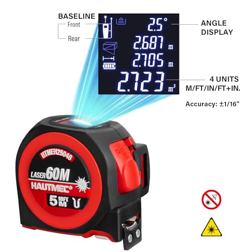 HAUTMEC 3-in-1 Laser Tape Measure, 197ft Digital Tape Measure & 16ft Measuring Tape with Fractions, Laser Measure with Level, Rechargeable Electronic Tape Measure for Construction Contractor