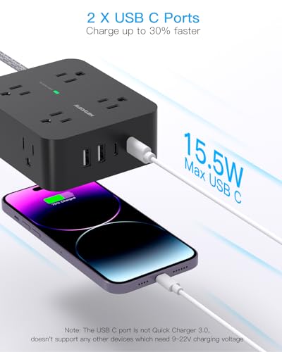 HANYCONY 6Ft Surge Protector Power Strip USB C, 1080J, 8 Outlet Extender - color: Black, size: 6ft
