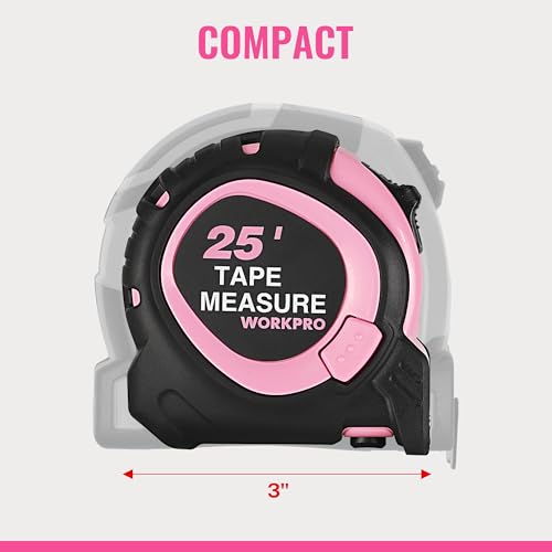 WORKPRO 25-FT Tape Measure with Fractions, 3 Brakes Retractable Measuring Tape, Compact Measurement Tape with Magnetic Hook, Nylon Coating Blade Accuracy 1/32”, Pink - size: 25-FT