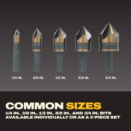 DEWALT Countersink Drill Bit Set for Wood, Metal, Plastic, 5 Pc,1/4, 3/8, 1/2, 5/8, 3/4 Inch Industrial Grade High Speed Steel Twist Countersink Set, Black and Gold (DWAMDB5SETCS)