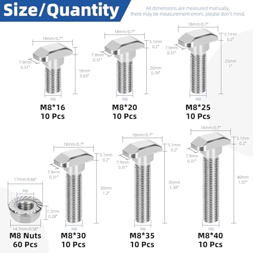 Glarks 120pcs M8 T Slot Drop-in Bolt with Hexagon Flange Nut Set, 16/20/25/30/35/40MM Hammer Head T-Bolt, T Shape Stud Sliding Screw Assortment Kit - size: M8