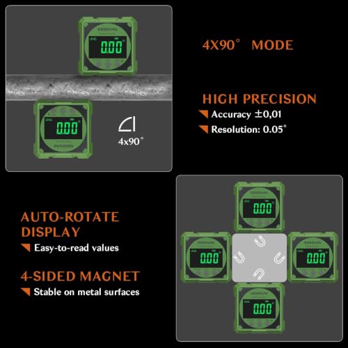 4-side Magnetic Digital Angle Gauge with Laser(Class 2, ＜1mW Output), 4 * 90° Rechargeable Electronic Inclinometer Protractor Level Gauge for Woodworking Tablesaw- Green - color: Green