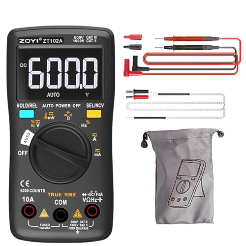 ZOYI Digital Multimeter, True RMS Auto-Ranging 6000 Counts with NCV. 750V AC, 1000V DC auto Identification, Data Hold, Resistance, Capacitance, Diode, Frequency and Temperature Measurement