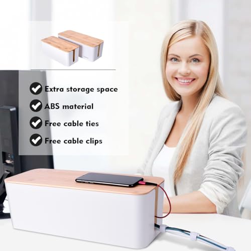 2Pack Cable Management Box,Wooden Style Cord Organizer Cord Hide Box - color: White