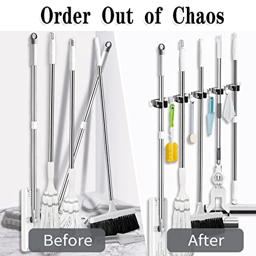 AceMining Broom Holder Wall Mount, 5 Racks 4 Hooks Heavy Duty Mop Organizer - color: 5 Racks & 4 Hooks (Silver) - 1 Pack