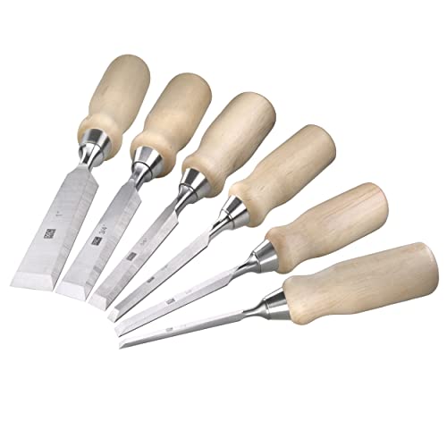 6 Piece Bevel Edge Wood Chisel Set 1/4 inch(6mm), 3/8 inch(10mm), 1/2 inch(12mm), 5/8 inch(16mm), 3/4 inch(20mm), 1 Inch(26mm) with Hornbeam Handles and Stainless Steel Ferrules - size: 6 Piece Bevel Chisel