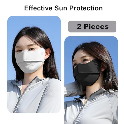 2Pcs UV Face Mask, Sun Masks for Women, Cooling Breathable Face Cover for Outdoors, Washable Reusable - color: Light Grey, Black