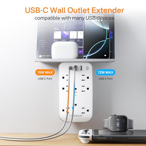 TESSAN Wall Outlet Extender with Shelf and Dimmable Night Light,