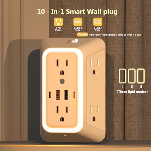 Outlet Extender with Night Light, Multi Plug Outlet Surge Protector,6 Outlet Splitter with 4 USB Outlet (2 USB A,2 USB C) 3 Sided Multi Plug Wall Adapter Power Strip for Home Travel Office 2 Pack - color: White-2Pcs