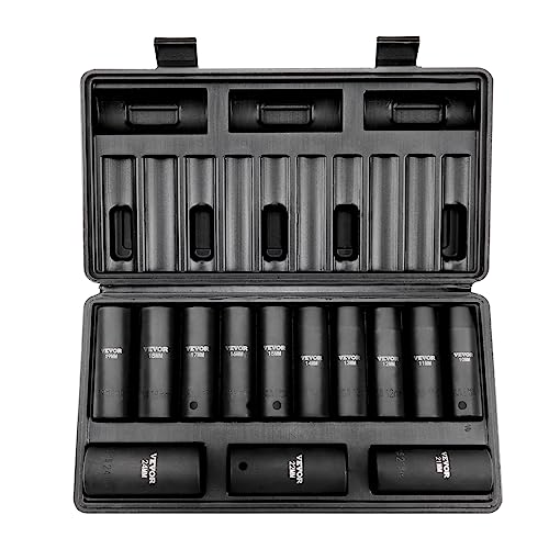 VEVOR 1/2" Drive Impact Socket Set, 13 Piece Deep Socket Set Metric 10-24mm, 6 Point CR-V Alloy Steel for Auto Repair, Easy-to-Read Size Markings, Rugged Construction, Includes Storage Case - size: 1/2" 13PCS Deep