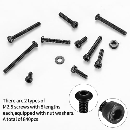 840 Pcs M2.5 Small Metric Screws with Nuts, Hex Socket Head Cap and Nut Assortment Kits, Carbon Steel Replacement Machine Fastener Screws and Bolts Nuts (M2.5 840 Black) - color: M2.5 840 Black