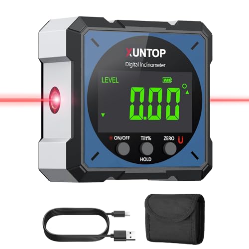 XUNTOP USB Charging Digital Level Box Angle Finder with Laser (Class 2, <1mW Output), 4-Side Strong Magnetic Angle Gauge IP54 Waterproof Inclinometer Level, Saving Effort Hanging Decorations-Blue
