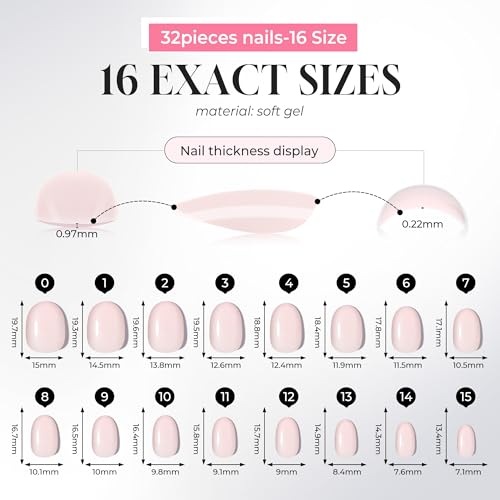 UNA GELLA 32Pcs Soft Gel Press on Nails - 16 Sizes Pastel Baby Pink Round Glue on Nails, Oval Reusable Glossy Natural Pink False Nails, Full Cover Acrylic Nail Kit for Women DIY Home Manicure