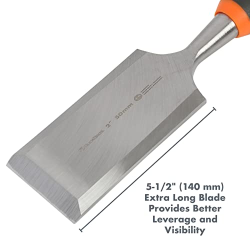 Buck Bros. 74719 Wood Chisel, 2" (50MM) for Carpentry and Wood Working, Resharpenable High Carbon Steel Blade with Non-Slip Handle for Trimming, Shaping, and Detail Work - style: 2 Inch